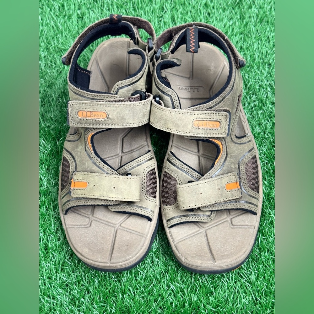 LL Bean 293679 Men's Size 8.5 M khakiTan Orange Leather Adjustable Loop Sandals
